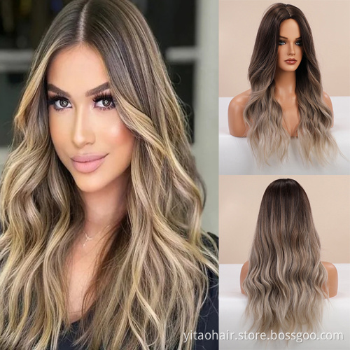 FZY Blonde  Synthetic Wig Ombre Blonde Brown Long Wigs Middle Part Hair Wig Daily Natural Wavy Heat Resistant Fiber for Women
